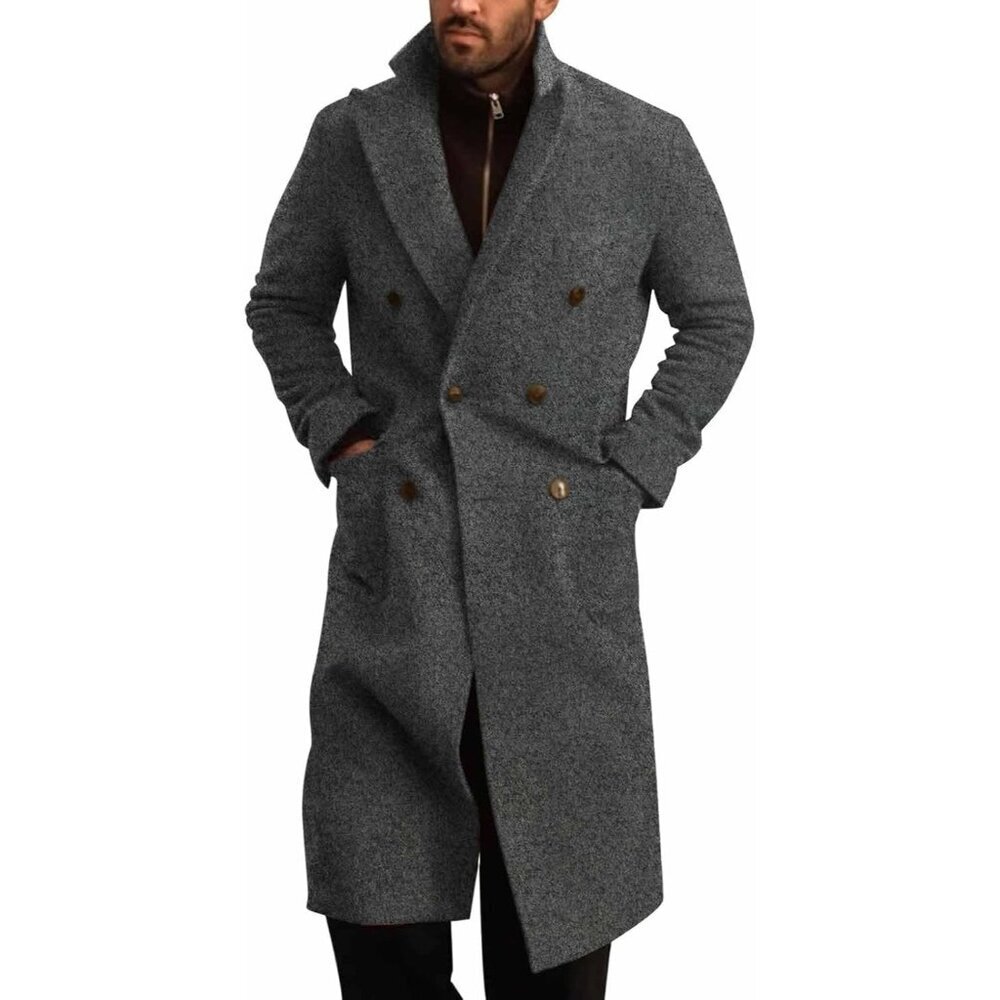 Men's Dark Grey Wool Blend Casual Trench Coat Notched Collar Lapel Breasted Coat